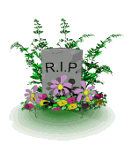 a 3D animated gif of a grave, labelled R.I.P. flowers surround it.